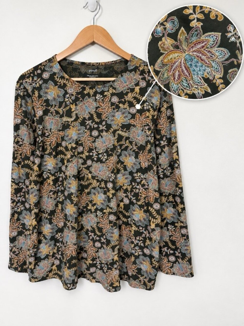 J Jill Top Womens Floral Green Large Long Sleeve Shirttail Tee Cotton Large Fall